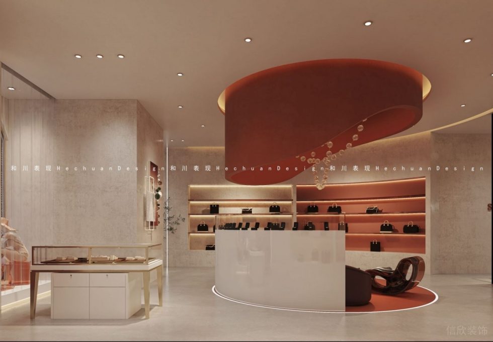 深圳市龍崗區(qū)布吉現(xiàn)代輕奢風(fēng)奢侈品店弧形中島臺(tái)裝修設(shè)計(jì)效果圖 