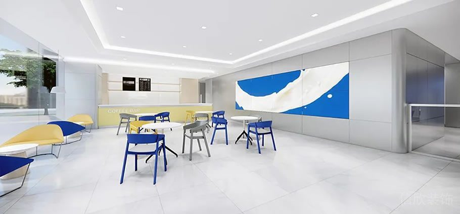 深圳龍崗寶能科技園3000平方米藍白黃色調(diào)簡約風辦公室裝修案例前廳接待區(qū)