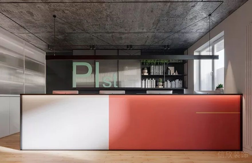 深圳羅湖中民時代廣場150平方米多彩簡約風辦公室裝修案例辦公區(qū)紅白色半高圍擋