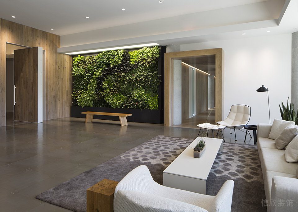 深圳寶安匯聚創(chuàng)新園1000平方米淺色調(diào)原木簡(jiǎn)約風(fēng)辦公室裝修案例接待廳翠綠色植物背景墻