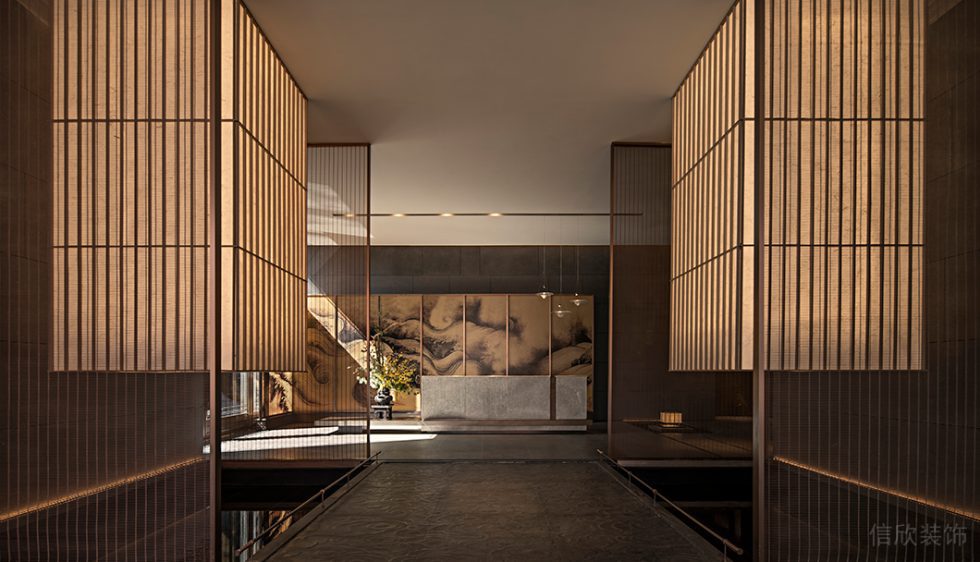 新中式風(fēng)中餐廳入門(mén)屏風(fēng)裝修設(shè)計(jì)