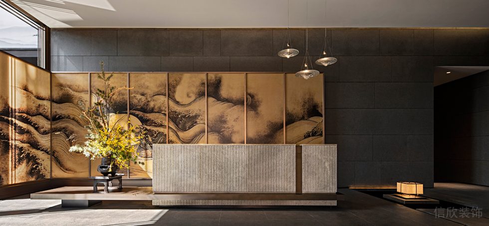 新中式風(fēng)中餐廳入門(mén)石材前臺(tái)裝修設(shè)計(jì)