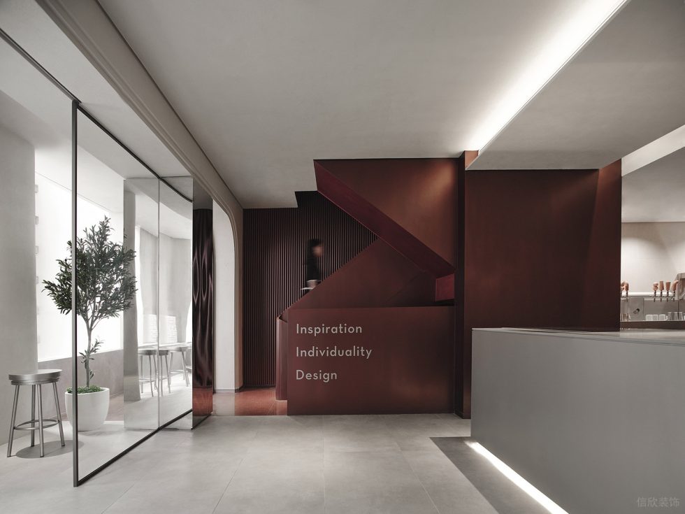 簡約侘寂風(fēng)飲品店復(fù)合實木樓梯效果圖