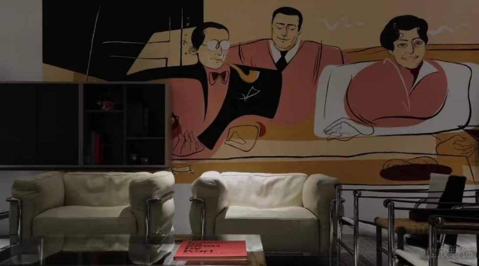 簡(jiǎn)約金屬風(fēng)辦公室裝修設(shè)計(jì) 休息區(qū)卡通墻面白色沙發(fā)