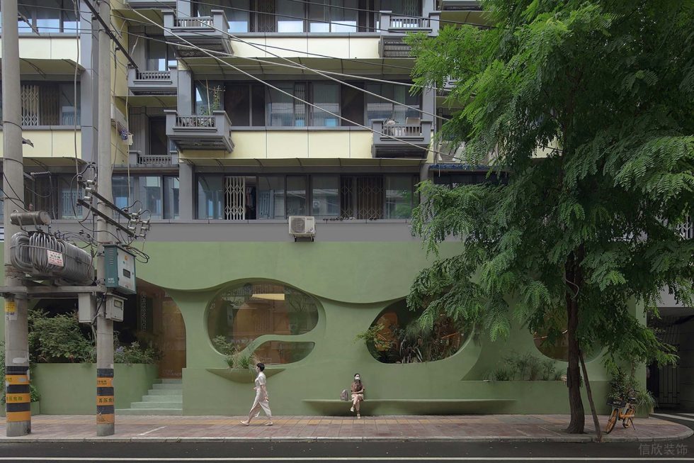 綠意奶油簡約風(fēng)飲品店不規(guī)則圓形櫥窗裝修設(shè)計(jì)