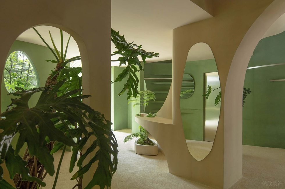 綠意奶油簡約風(fēng)飲品店大型綠植裝修設(shè)計(jì)效果圖