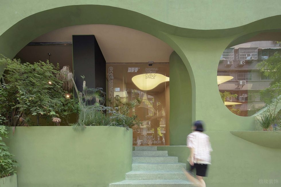 綠意奶油簡約風(fēng)飲品店綠色水磨石臺(tái)階效果圖