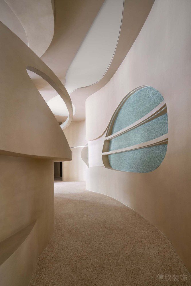 綠意奶油簡約風(fēng)飲品店杏色不規(guī)則線條過道裝修設(shè)計(jì)