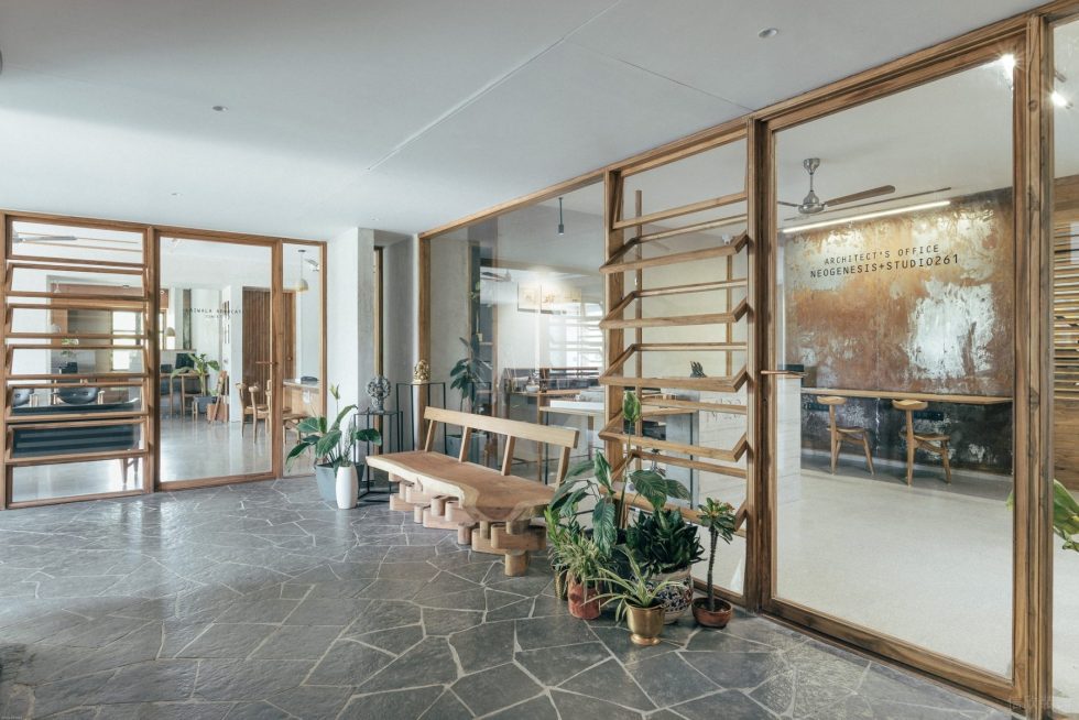 清新原木風(fēng)辦公室裝修設(shè)計(jì)木色門廳等候區(qū)