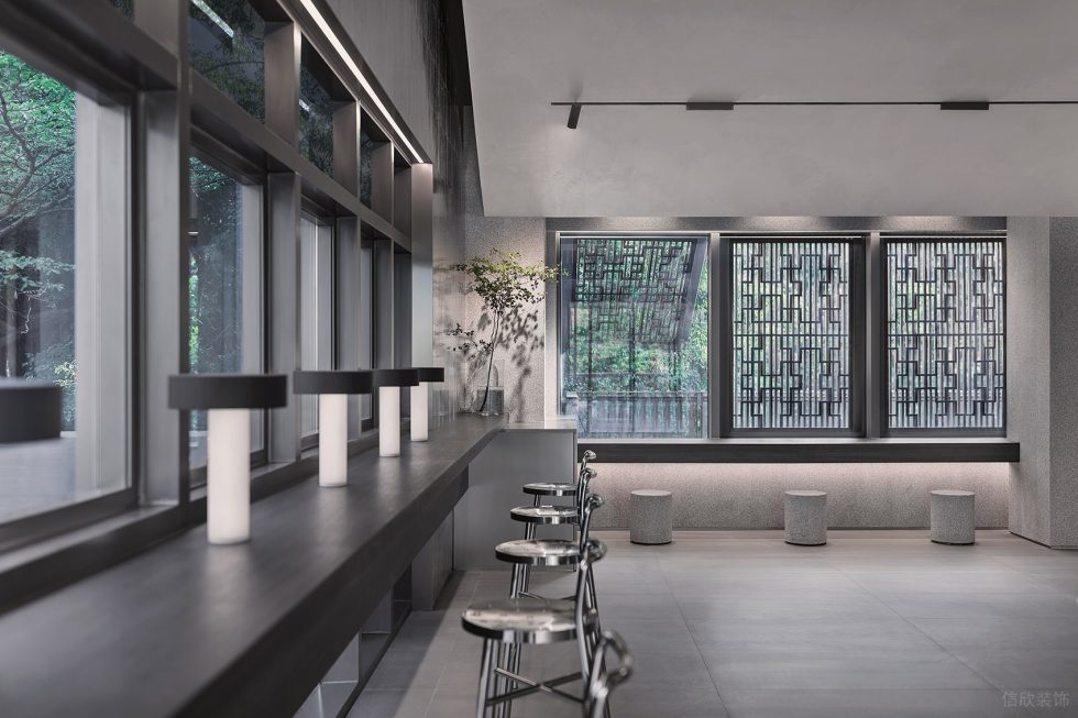 現(xiàn)代風飲品店方形不銹鋼窗戶裝修設(shè)計