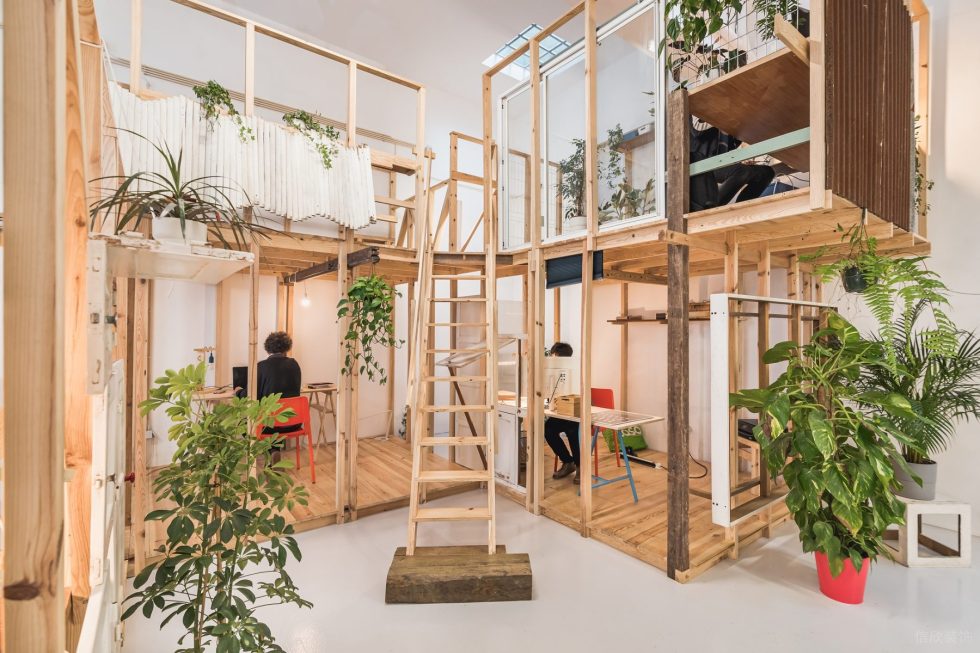 原木風(fēng)創(chuàng)意工作室裝修設(shè)計(jì) 一層上下結(jié)構(gòu)格子工作間