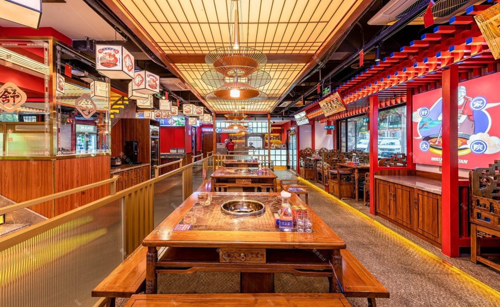 中式經(jīng)典街頭風(fēng)火鍋店藝術(shù)天花裝修設(shè)計(jì)