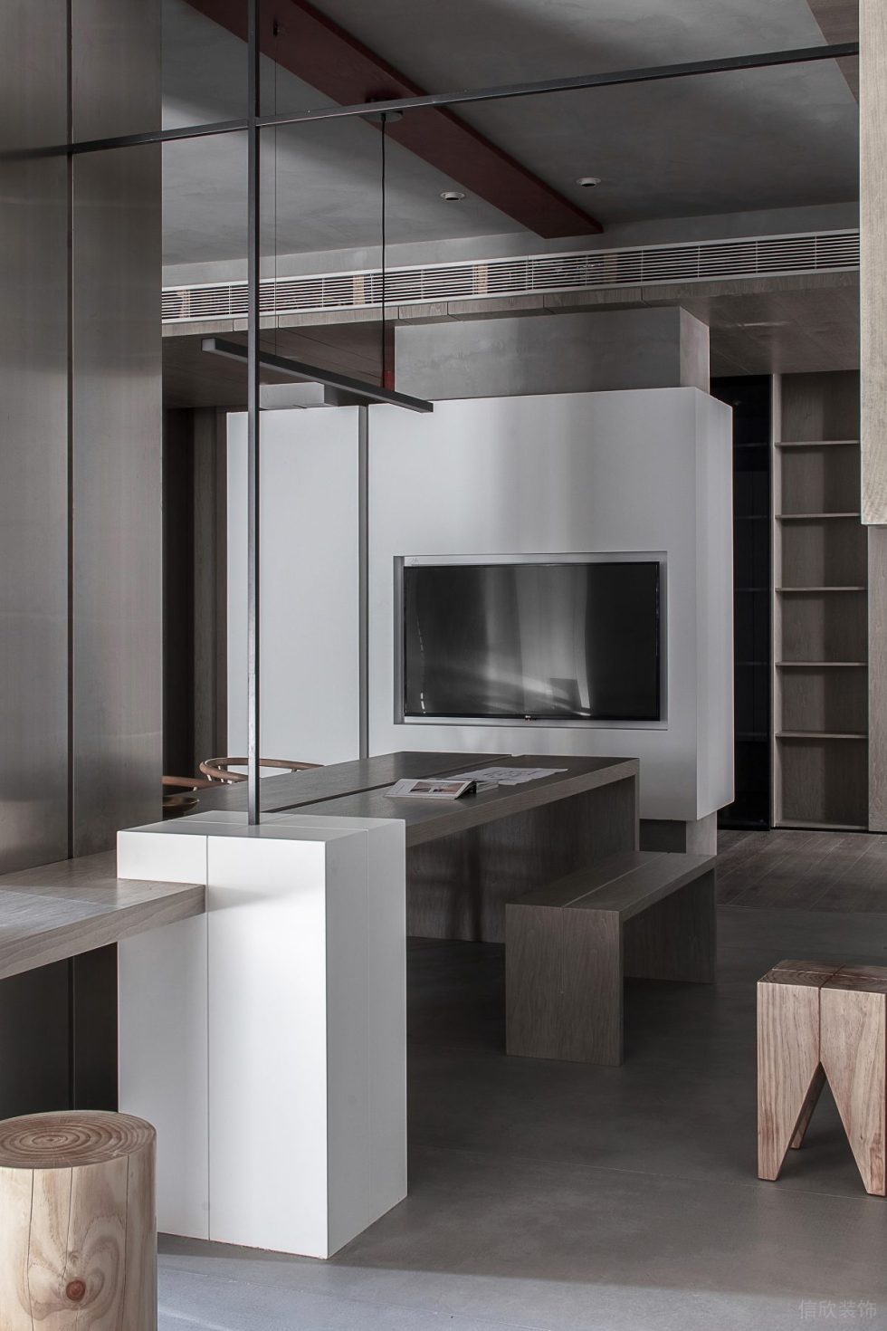 實木木作展廳裝修設(shè)計方案 木質(zhì)長凳圓凳坐凳