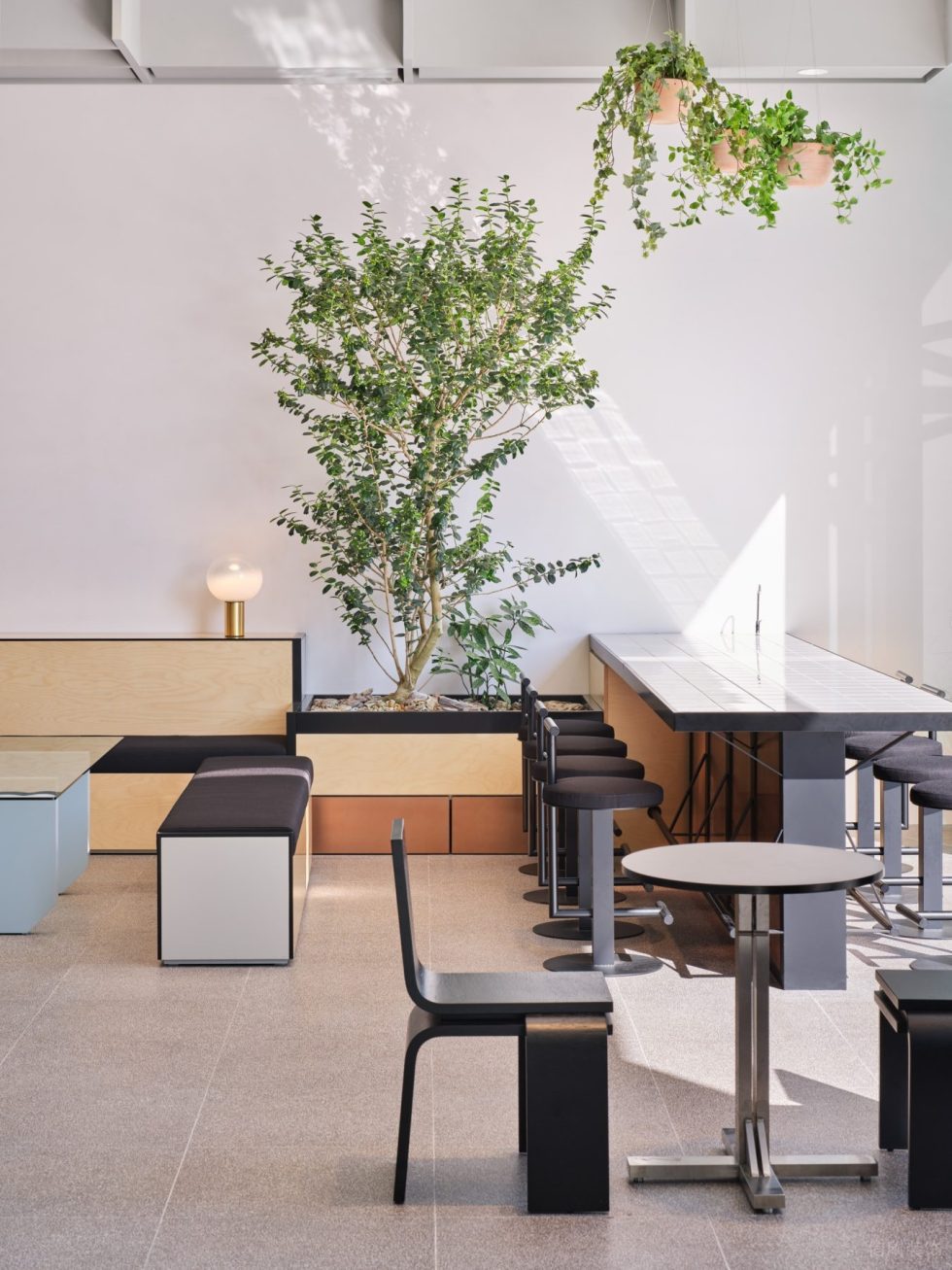 現(xiàn)代簡約風(fēng)咖啡廳黑色桌椅配暖意盆栽裝修示意圖