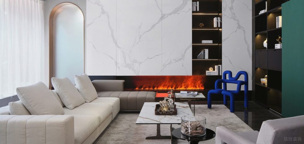 藝術高定產(chǎn)品展示中心裝修設計 白色布藝沙發(fā)大理石背景墻