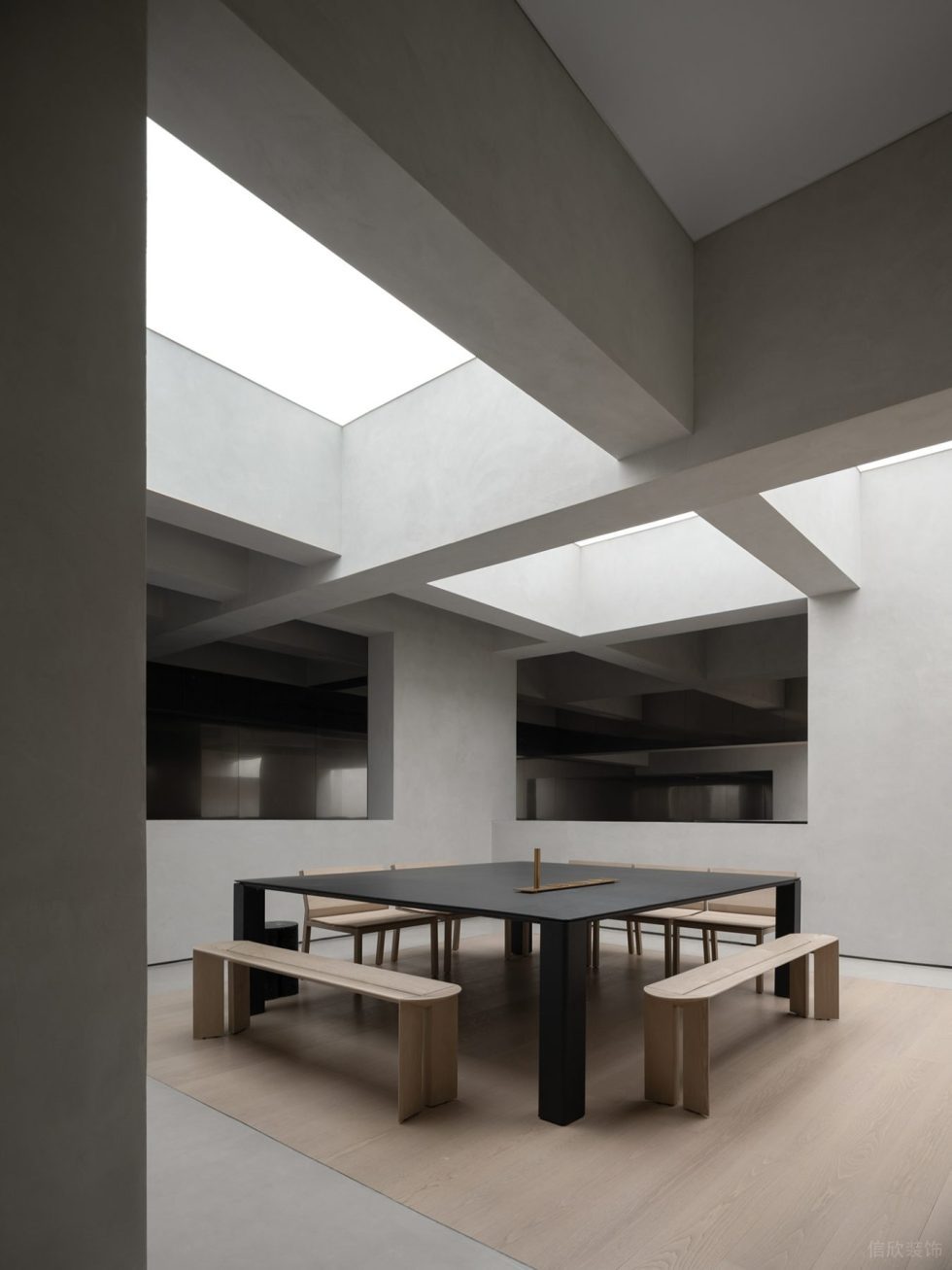 智能未來體驗(yàn)展廳裝修設(shè)計(jì) 黑色桌子白色長(zhǎng)木凳