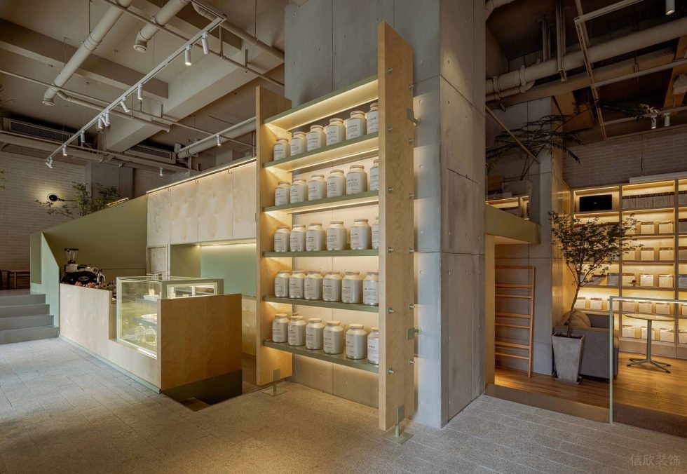 中式簡約風(fēng)飲品店原木物品擺放架設(shè)計效果圖
