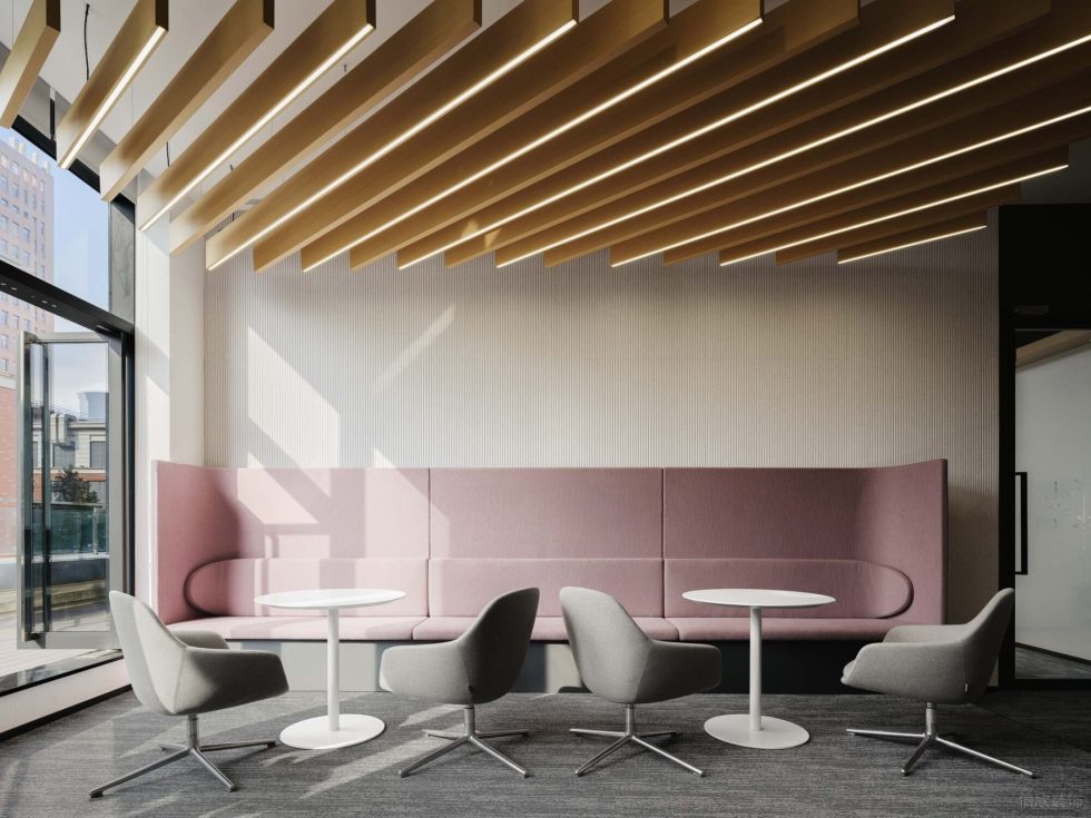 淡雅色簡(jiǎn)約現(xiàn)代風(fēng)辦公室裝修設(shè)計(jì)灰粉色會(huì)客接待區(qū)