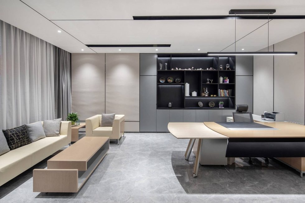 米白色極簡風辦公室裝修設計米灰色經(jīng)理辦公室