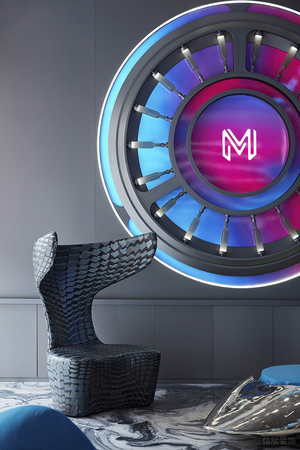 賽博朋克風格辦公室裝修設計灰藍色藝術單人沙發(fā)