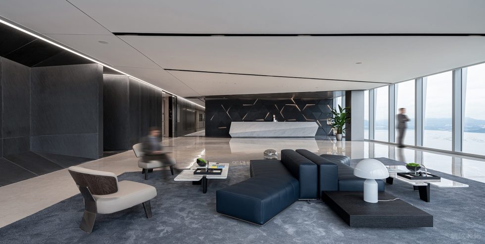 高級灰現(xiàn)代簡約風(fēng)辦公室裝修設(shè)計(jì)黑白灰前臺接待區(qū)