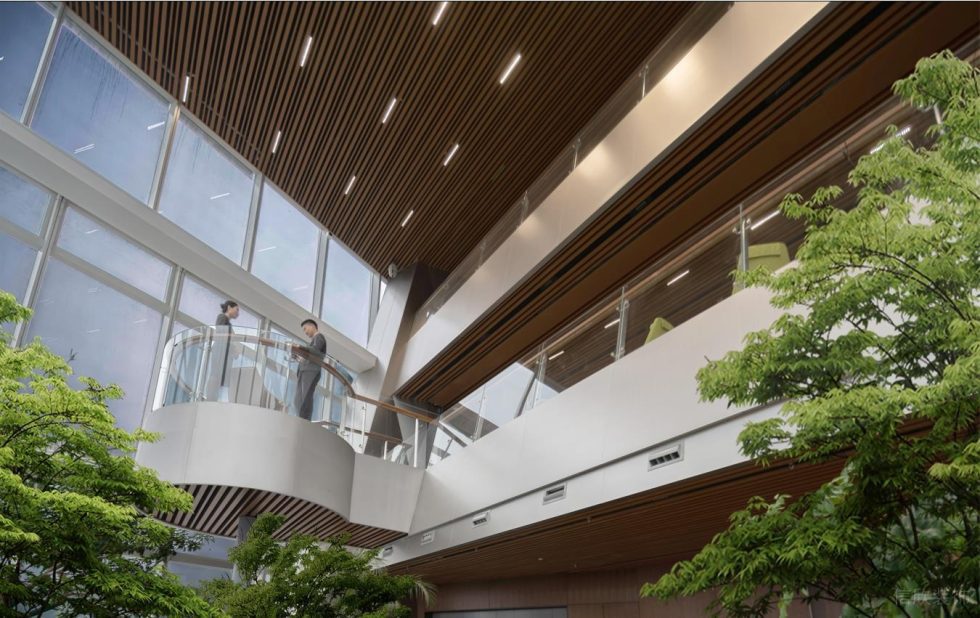 高級灰現(xiàn)代簡約風(fēng)辦公室裝修設(shè)計(jì)銀色圓環(huán)形休閑平臺