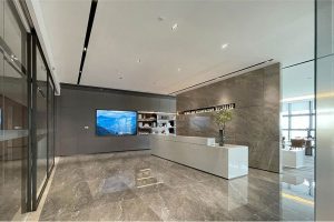 辦公室前臺區(qū)地面仿石材瓷磚地面和形象墻設(shè)計(jì)