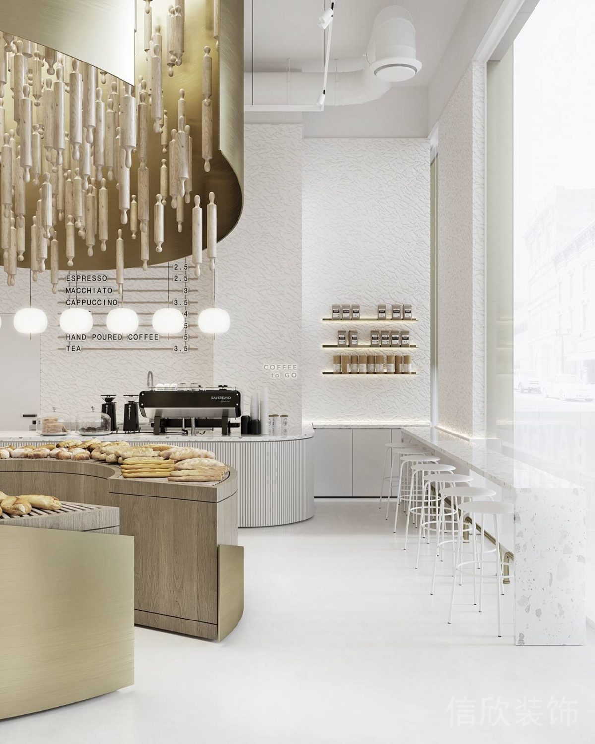 福田區(qū)沙尾金色面包店靠窗邊白色窄餐桌裝修設(shè)計(jì)