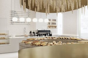 福田區(qū)沙尾金色面包店圓形金色展臺木質裝飾品吊燈裝修設計