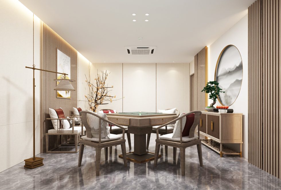 羅湖黃貝嶺新中式胡桃木棋牌室裝修設(shè)計