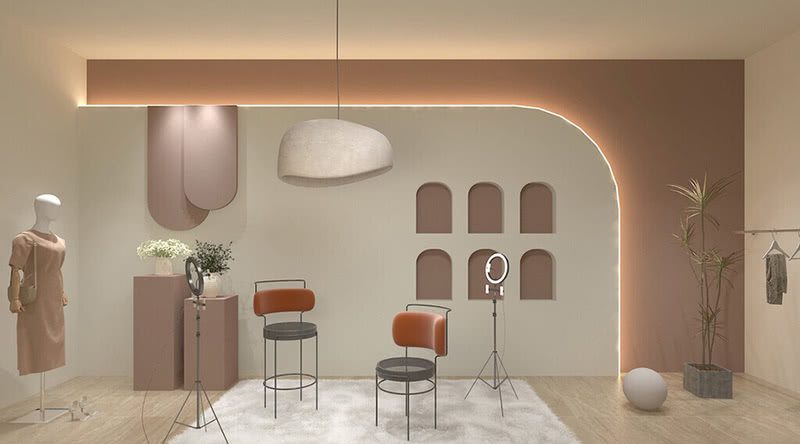 羅湖區(qū)東門服裝帶貨直播間弧形造型墻裝修設(shè)計