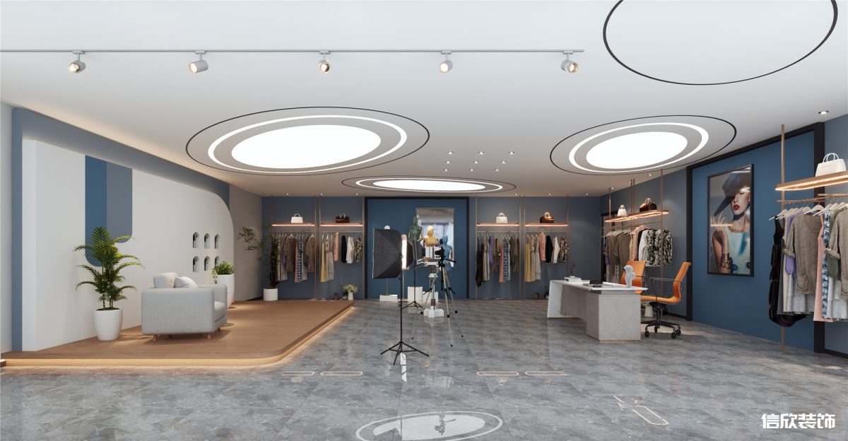 羅湖區(qū)東門服裝帶貨直播間圓形天花吊頂裝修設(shè)計
