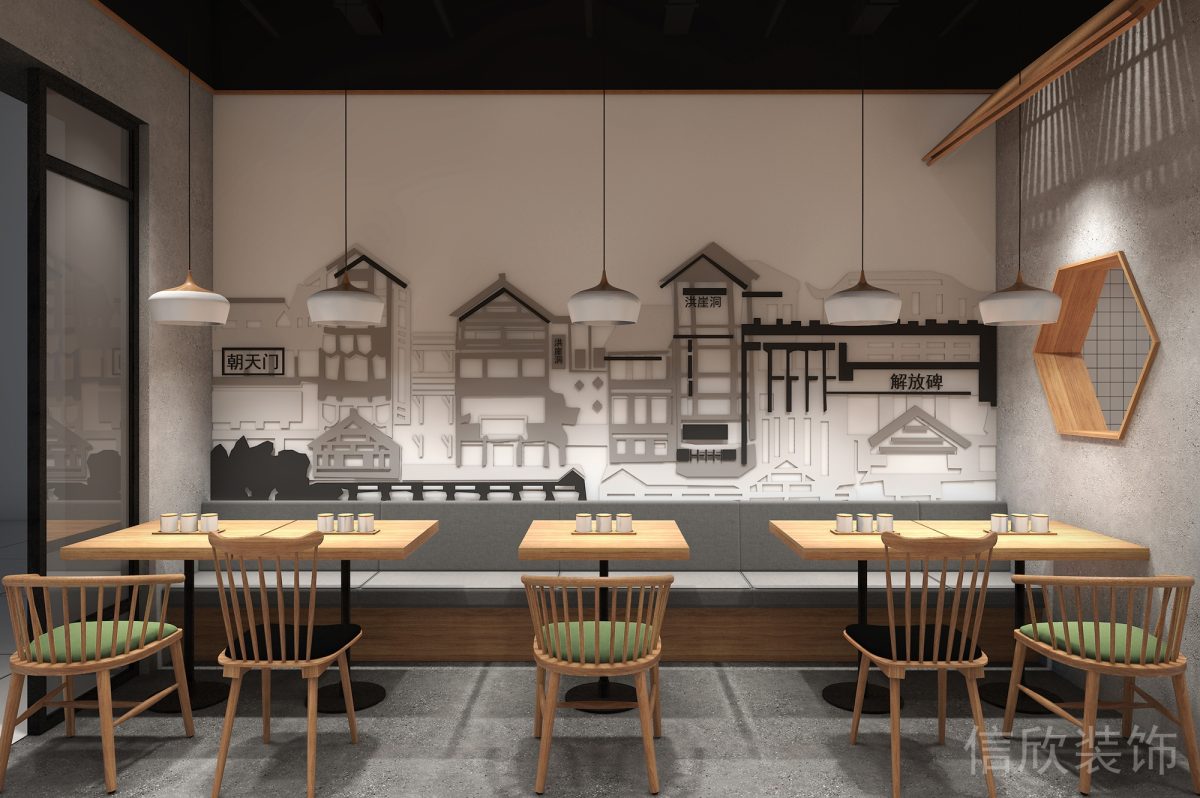 深圳福田蓮花村重慶面館長條形組合餐區(qū)裝修設計