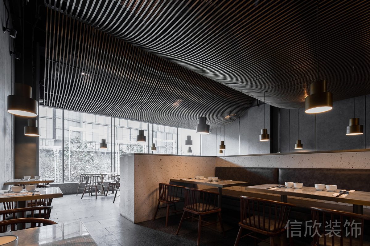 深圳福田香蜜湖面館金屬弧形天花吊頂裝修設(shè)計