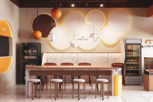 深圳龍崗布吉小兩口米線橙色面館墻面圓形造型裝修設(shè)計