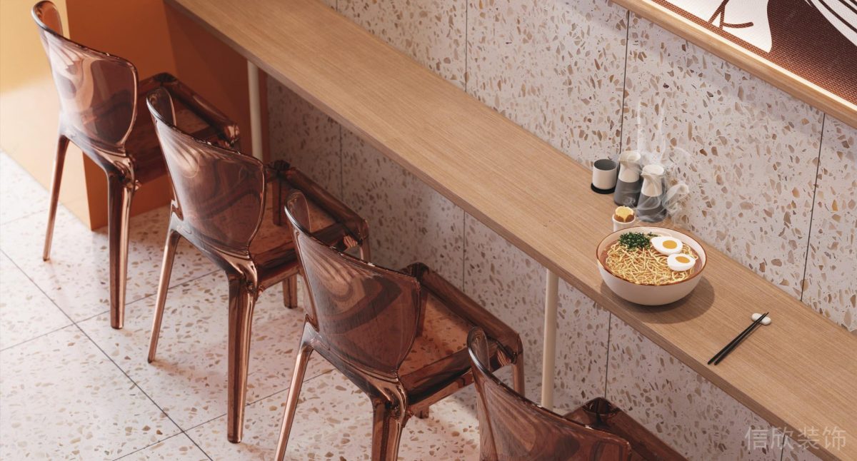 深圳龍崗布吉小兩口米線橙色面館靠墻面餐桌椅裝修設(shè)計
