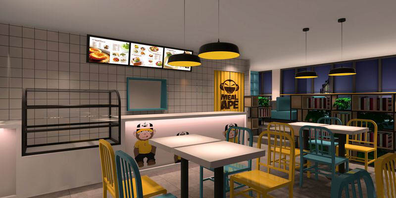 深圳龍華民治快餐店二人座黃藍(lán)色餐椅裝修設(shè)計(jì)