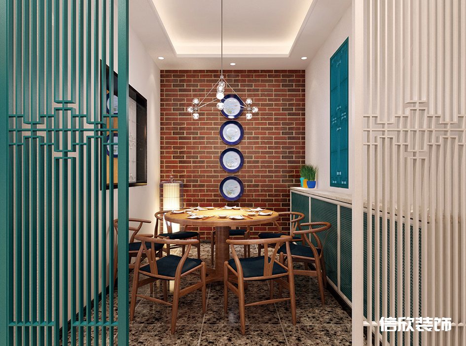 深圳南山區(qū)大學(xué)城快餐廳藍色和白色屏風(fēng)隔斷裝修設(shè)計