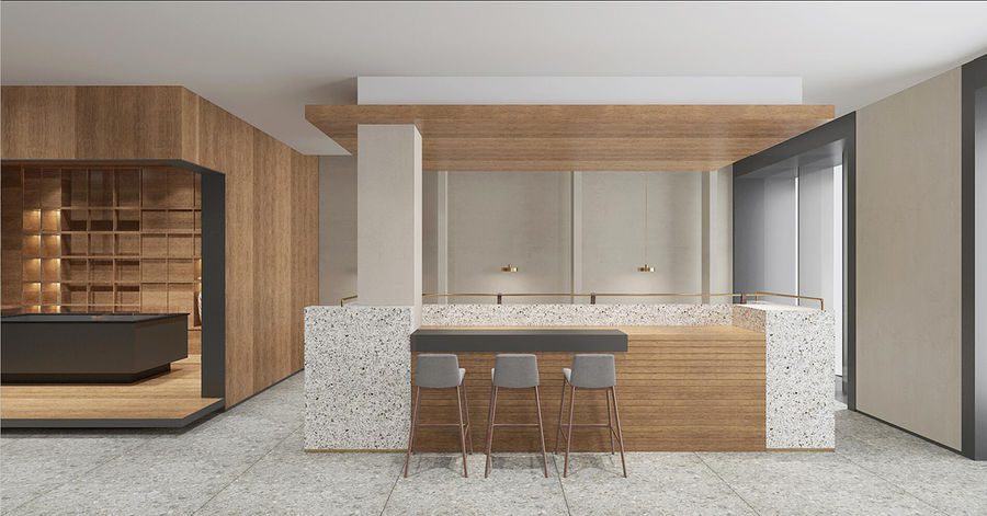 鹽田沙頭角面包店人造石實(shí)木吧臺裝修效果圖