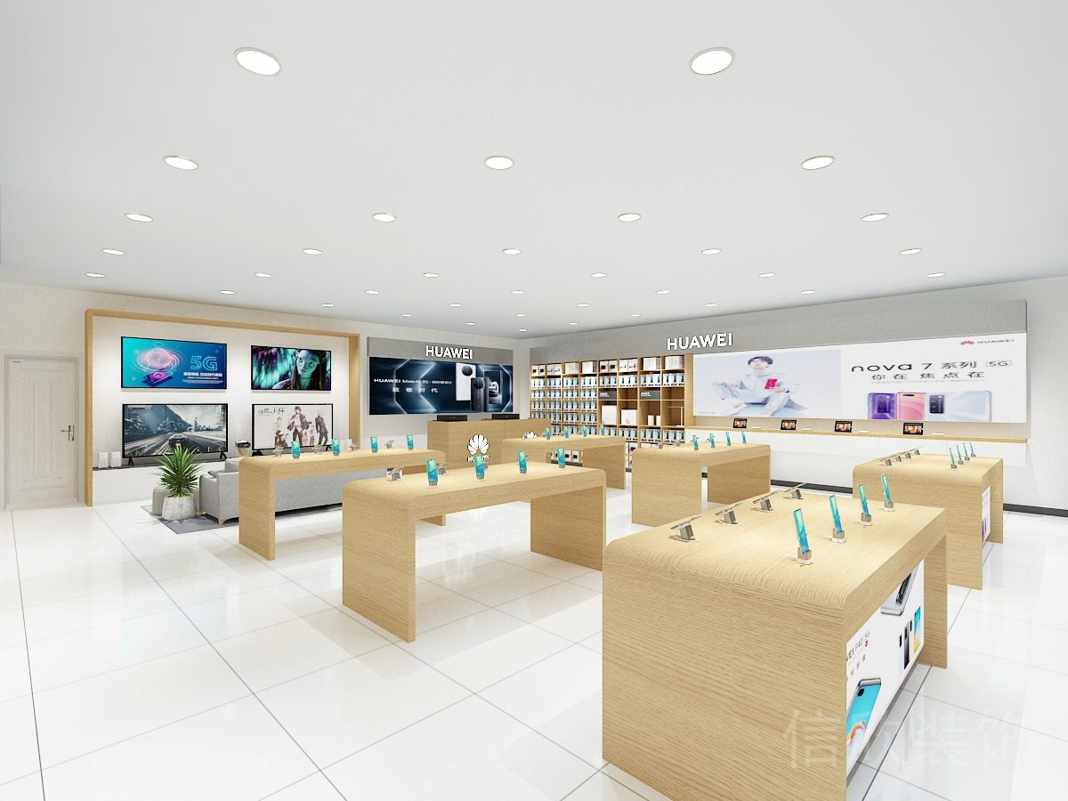 深圳南山假日廣場手機數(shù)碼店圓角木質(zhì)展臺裝修