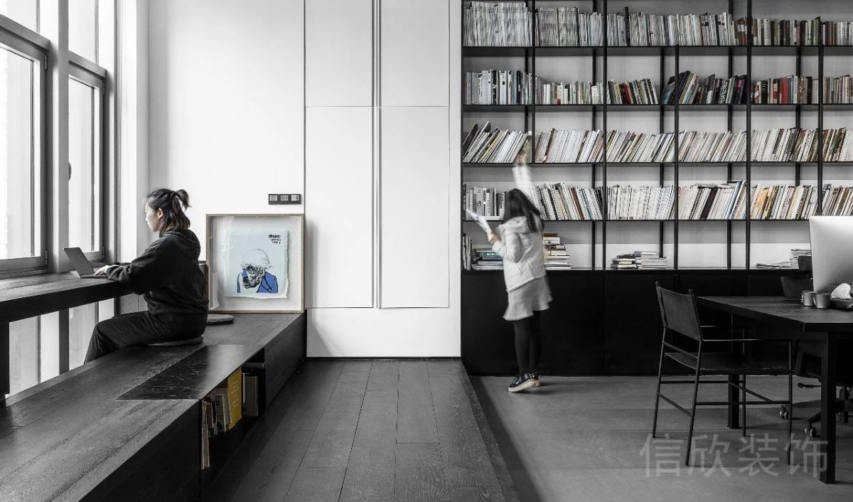 暗黑現(xiàn)代風(fēng)辦公空間辦公區(qū)書柜裝修設(shè)計