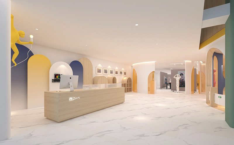 畢加索國際美術(shù)教育中心長條木紋前臺接待臺裝修