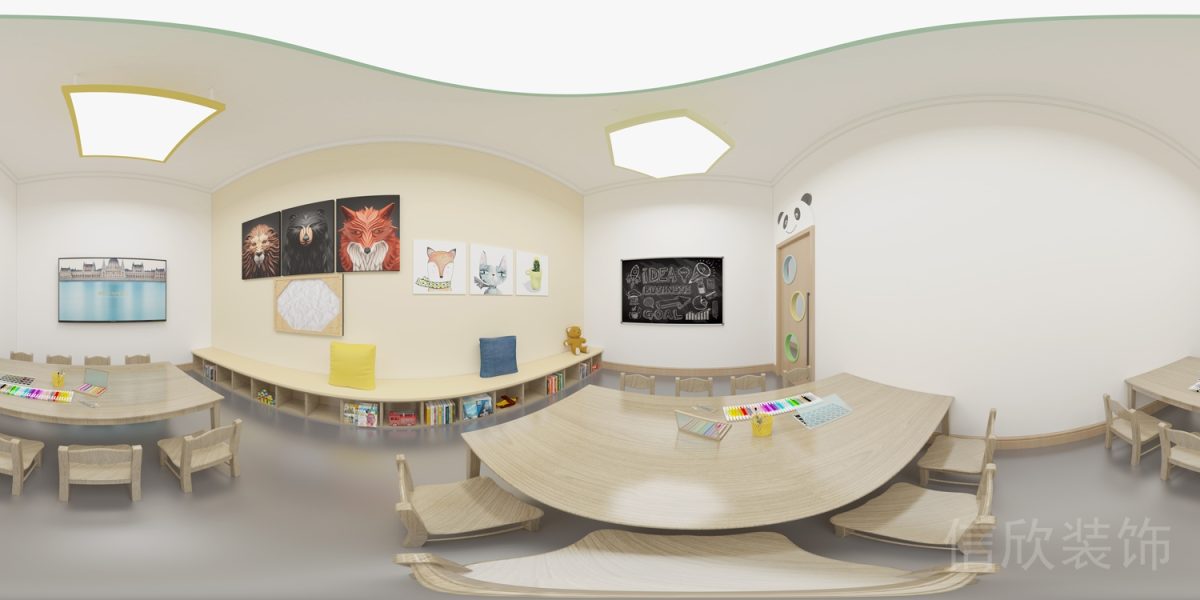 深圳市鹽田區(qū)海港大廈少兒培訓(xùn)中心全景圖環(huán)形柱體墻半墻木質(zhì)收納柜矮柜收納幼兒環(huán)保教室