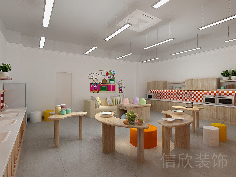 橙紅楓木簡約風(fēng)兒童卡通烘焙DIY培訓(xùn)機(jī)構(gòu)教室廚房區(qū)裝修設(shè)計