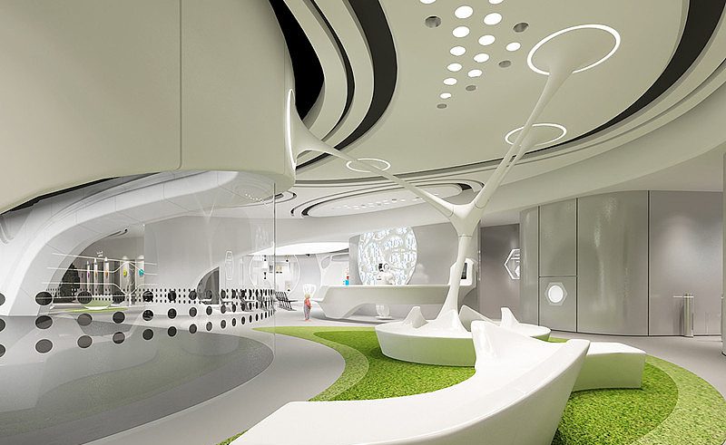 光明區(qū)大仟里商圈力德教育領導者教育培訓中心科技未來感通體玻璃過道休息區(qū)裝修設計