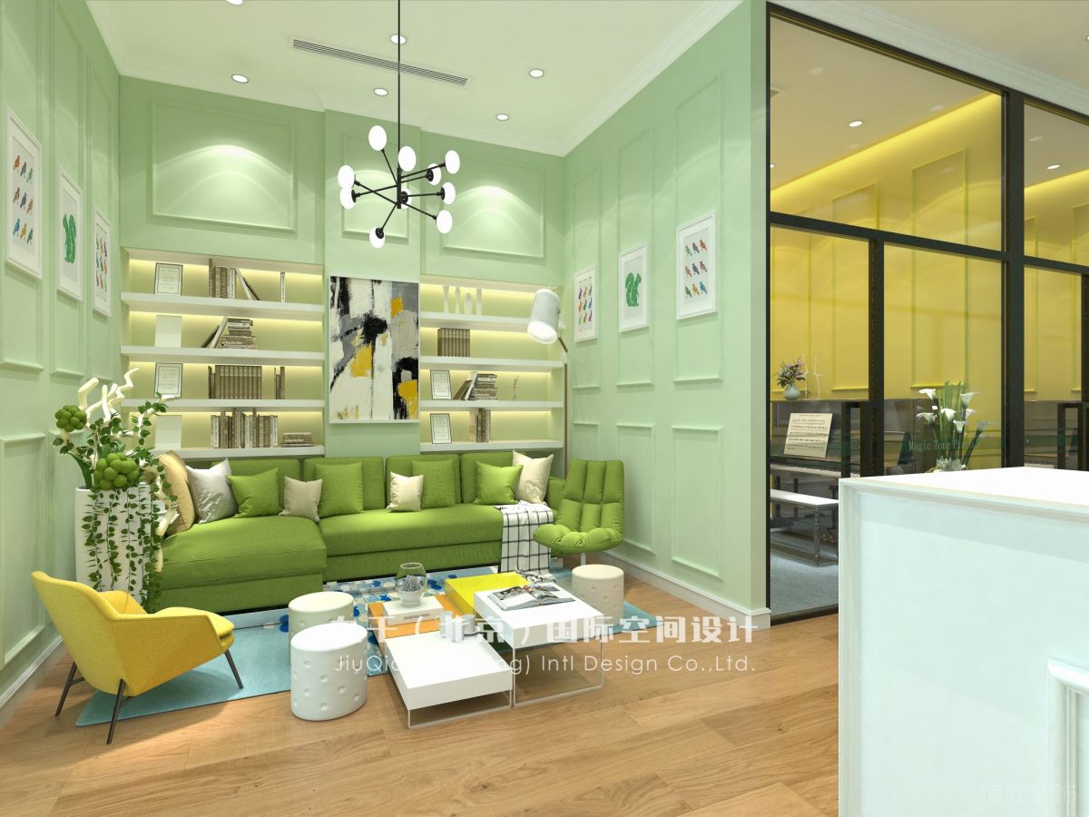 羅湖區(qū)東門文華大廈音樂培訓(xùn)學(xué)習(xí)興趣班琴房鋼琴課程大廳側(cè)視圖綠色榻榻米沙發(fā)內(nèi)嵌式儲(chǔ)物書架休息區(qū)裝修設(shè)計(jì)