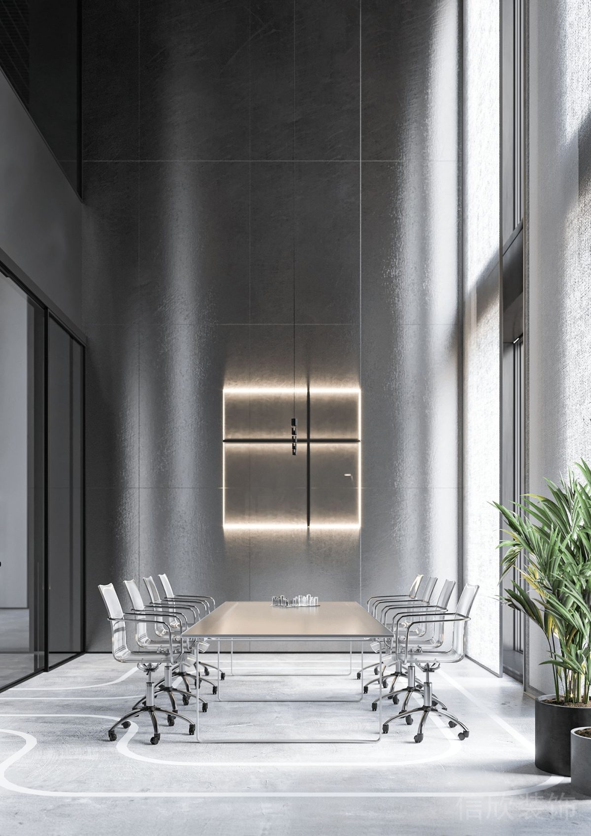 高級(jí)灰色系簡(jiǎn)約風(fēng)辦公空間會(huì)議室金屬板背景墻設(shè)計(jì)