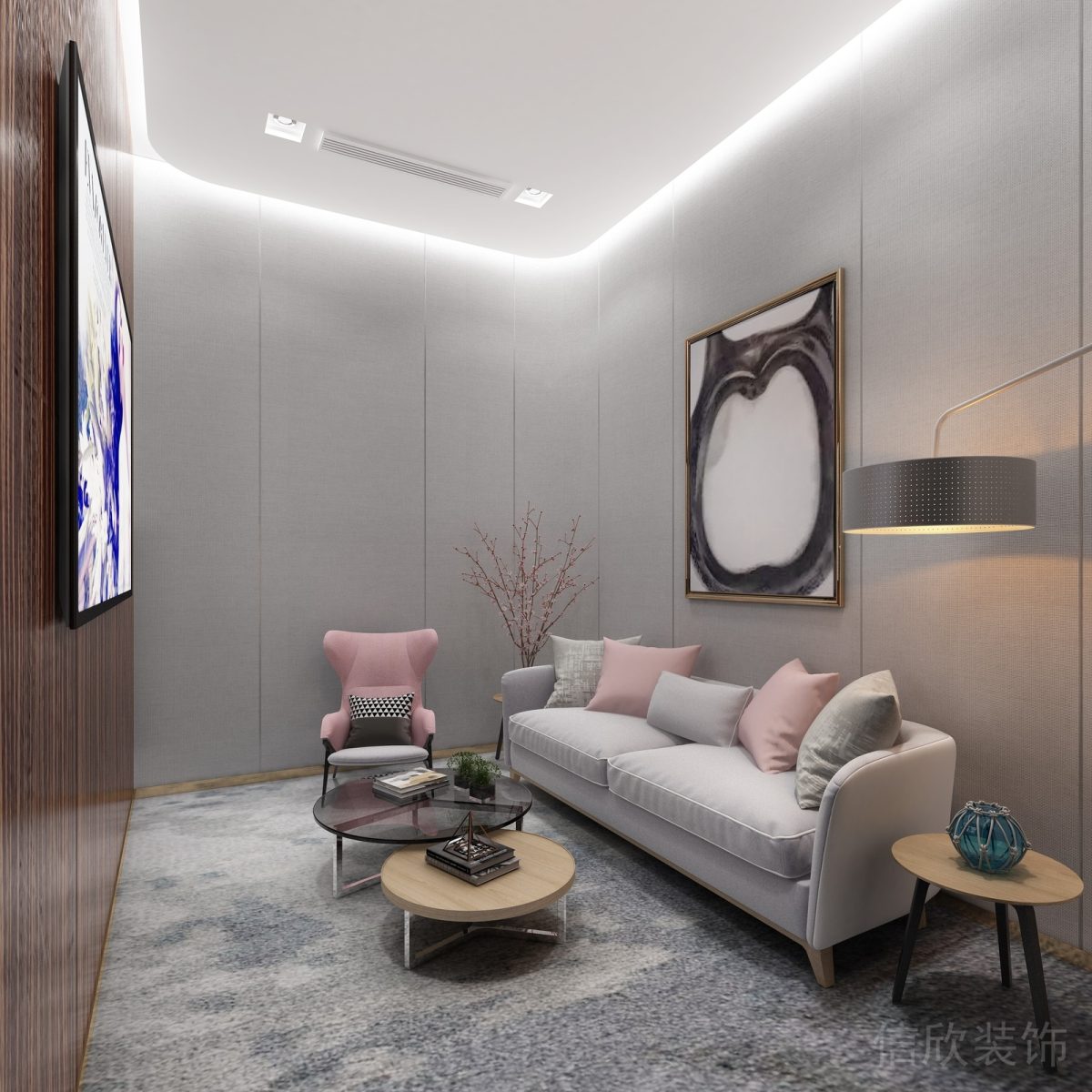 灰粉亞克力圓桌榻榻米沙發(fā)空間裝修