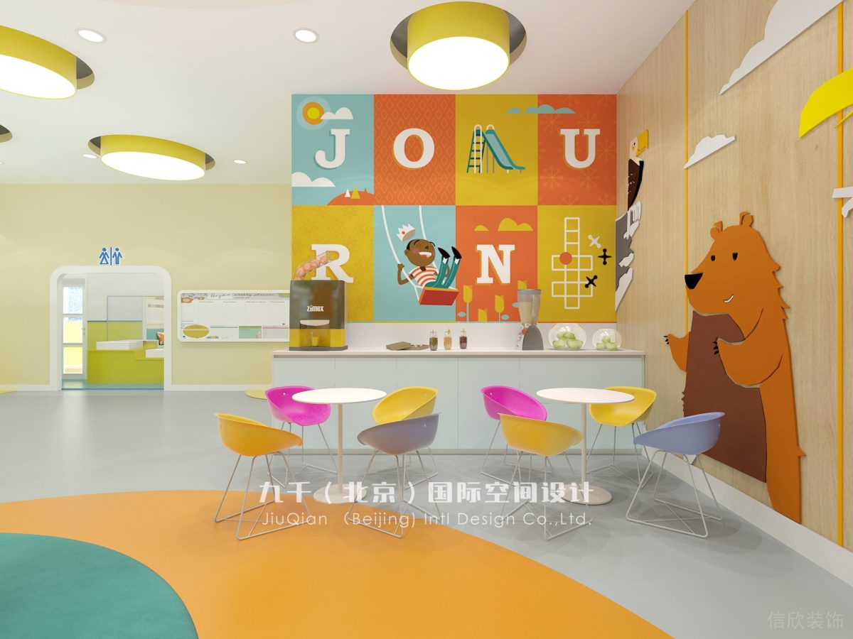 紅黃藍(lán)親子園英語(yǔ)可愛圖案墻紙茶水間