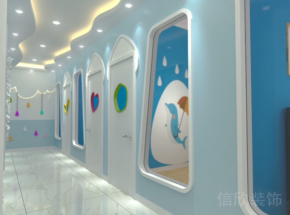 海豚街國際少兒鋼琴培訓(xùn)中心過道波浪曲線天花吊頂裝修